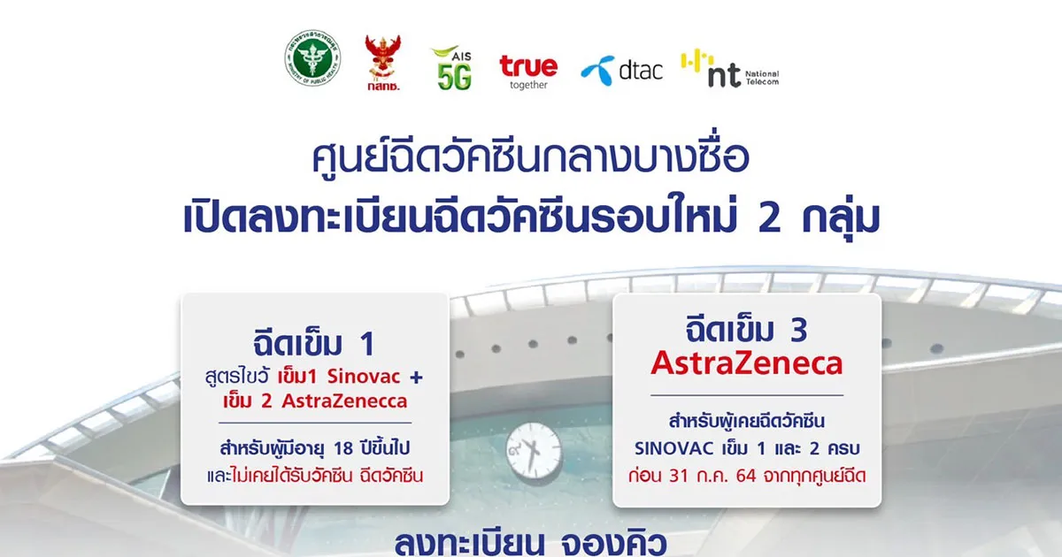 ศูนย์ฉีดวัคซีนกลางบางซื่อ เปิดลงทะเบียนฉีดวัคซีนรอบใหม่ 2 กลุ่ม พฤหัสที่ 7 ตุลาคม ตั้งแต่ 9 โมงเช้า ผ่าน 4 ค่ายมือถือ
