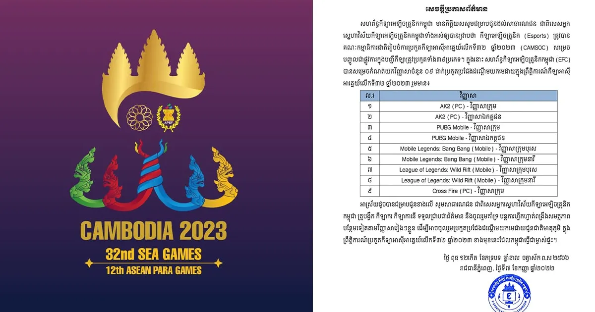 เผยแล้ว! สมาคมอีสปอร์ตกัมพูชาเปิดรายชื่อเกมให้ลงชิงชัยใน SEA Games 2023