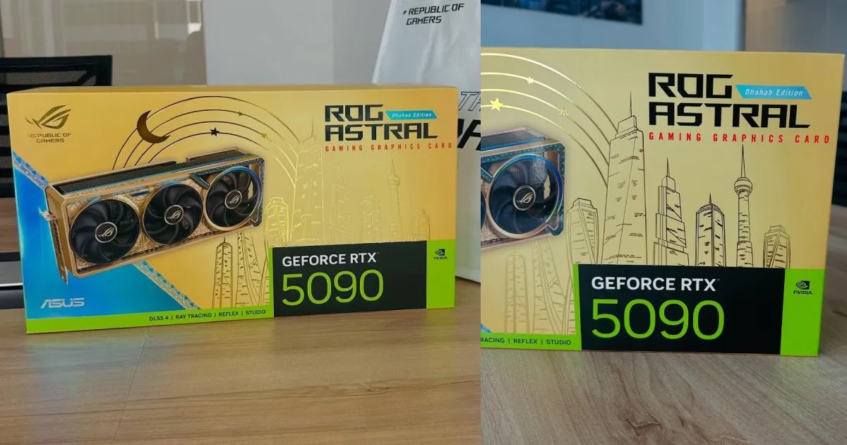ASUS ROG Astral GeForce RTX 5090 Dhahab เผยกล่องการ์ดจอสีทองแสบตา หรูหรา เวอร์วังอลังการ