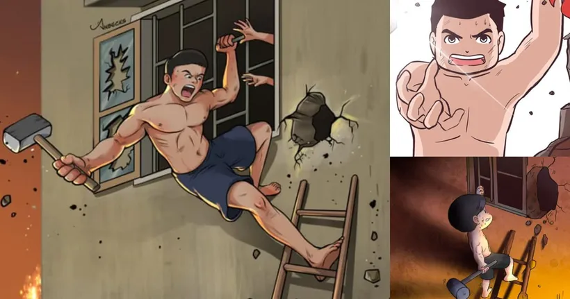 ชาวเวียดนามแห่วาดรูป "วีรชนถือค้อน" ผู้ช่วยครอบครัวจากเหตุไฟไหม้