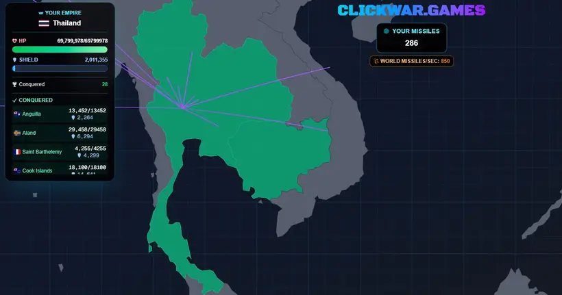 ในเกม Clickwar.Games ตอนนี้ ประเทศไทยได้ชัยชนะ เข้ายึดเป้าหมายเป็นที่เรียบร้อยแล้ว!