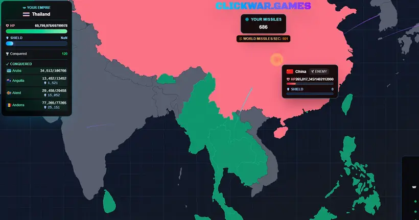 Clickwar.Games สรุปสถานการณ์ล่าสุด เกมเมอร์ไทยยึดได้ 120 ประเทศ แต่รัสเซียและจีนเป็นอิสระแล้ว!