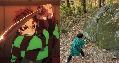 Tanjiro ฟีเวอร์ เด็กญี่ปุ่นแห่คอสตาม พากันเลียนแบบท่าฟันหินแยกที่อยู่กลางป่า