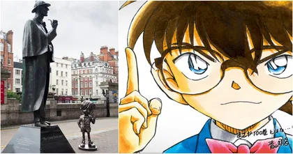 Detective Conan จัดแคมเปญฉลองวางจำหน่ายมังงะเล่มที่ 100 สร้างรูปปั้นโคนันประจันหน้าเชอร์ล็อคโฮล์มที่โอซาก้า