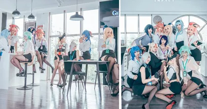 มาเป็นทีม! คอสเพลย์ Genshin Impact ตัวละครสาวในชุดสาวออฟฟิศ